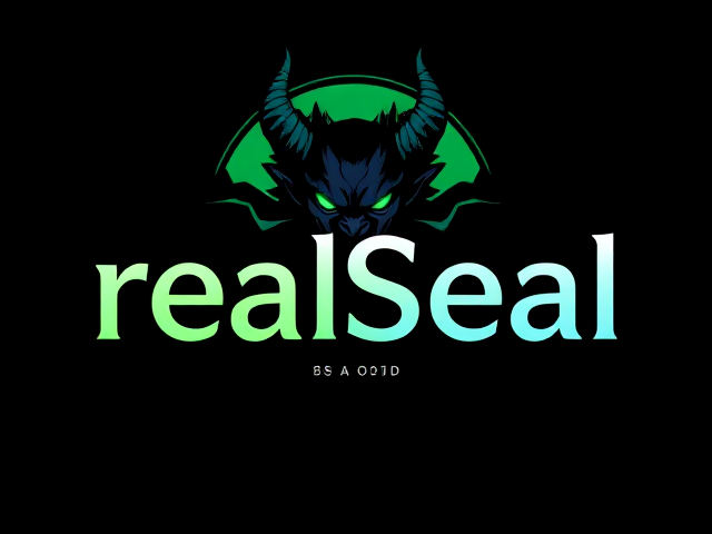 , text that says realSEAL in the middle with a demon or other mystical beings head above or behind it, color scheme: black, green, blue and white, small text
