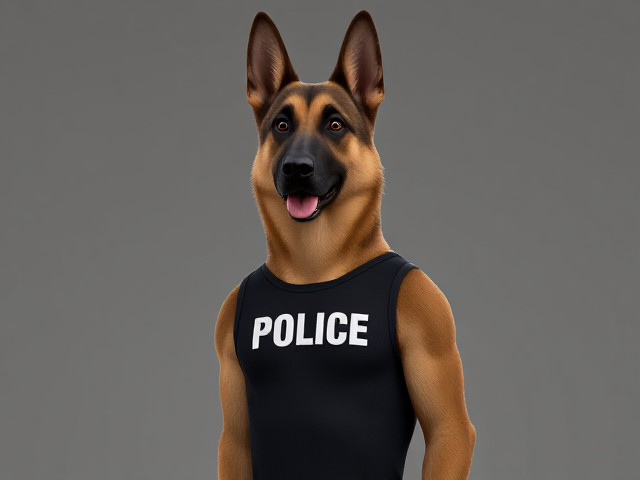 A tall anthropomorphic German shepherd with a long torso and broad shoulders wearing a leotard with “POLICE” written across the front of it