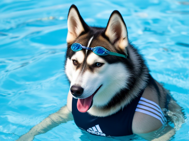A anthropomorphic Siberian husky wearing an adidas swimsuit and swimming goggles