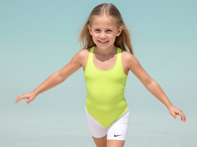 small young
blonde
 girl in lime green one piece swimsuit and white
 nike pro shorts