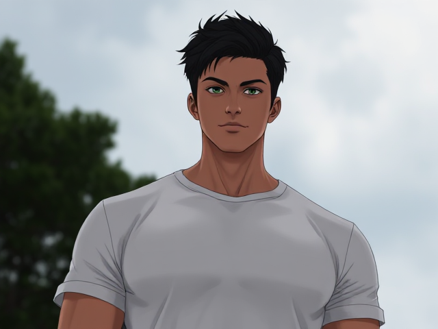 Tall tan man, black hair, green eyes, muscular, wearing a white t-shirt, outside