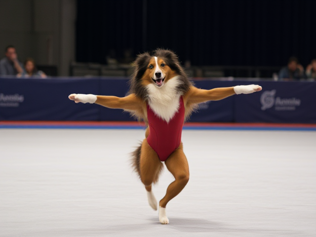 A anthropomorphic rough collie doing gymnastics wearing a leotard
