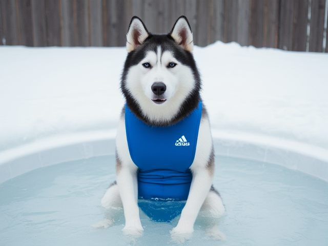 A anthropomorphic Siberian husky wearing a blue adidas swimsuit sitting in a ice bath