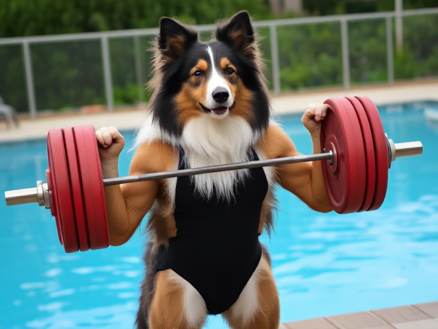 A anthropomorphic Rough collie wearing a swimsuit lifting a barbell by the pool