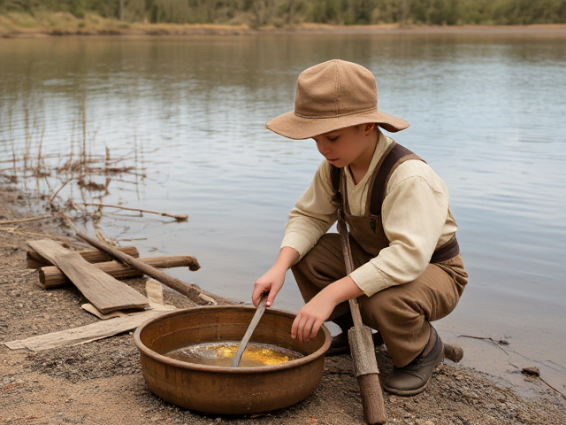 a young child in 1800s Australia wearing period-appropriate clothing, diligently panning for gold at a lake's edge in the goldfields, surrounded by the natural landscape of that era with tools and equipment typical of the time