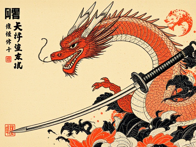 An image of a Japanese Dragon in the background with the phrase "dragon warrior" Japanese art brush style of Katanas