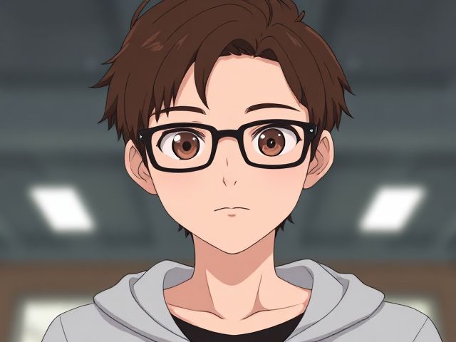 The personnage have a black glaces with court brun hair is a man the âge is ten year is à Fan of Pokémon