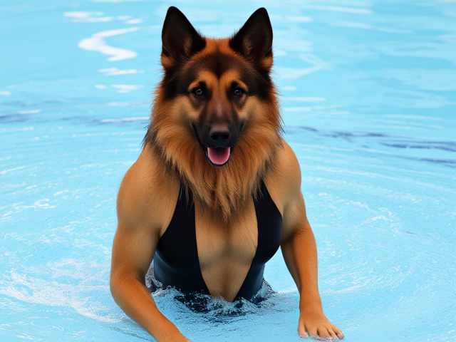 A anthropomorphic long haired German shepherd Olympic swimmer wearing a high cut one piece swimsuit