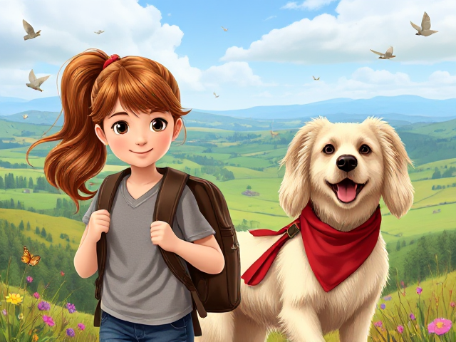 children's fiction book cover for girls aged 7-12, featuring an 11-year-old girl with hazel eyes and copper brown long hair in a pony tail with a red ribbon, wearing a backpack and investigating a mystery. She stands on a fantasy hillside, surrounded by butterflies and birds. Next to her is an excited medium size shaggy long-haired cream-colored dog with long floppy ears wearing a red bandana around its neck. Both are walking through the countryside searching for clues and have private investigator equipment. the dog looks like undercover coco