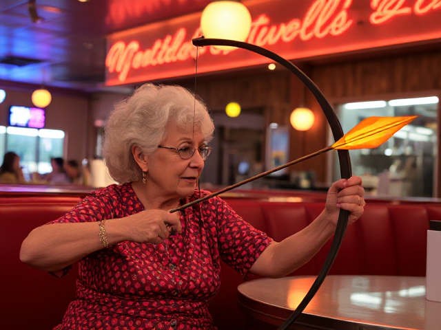 old lady in a diner with a flaming bow and arrow