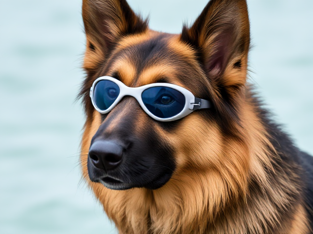 Anthropomorphic long haired German shepherd athletic swimsuit goggles