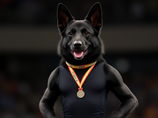 A anthropomorphic black German shepherd Olympic gymnast wearing a leotard