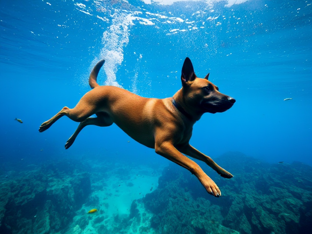 Belgian Malinois dog gracefully diving underwater, vibrant marine life around, clear blue ocean, dynamic and elegant pose, sunlight filtering through water