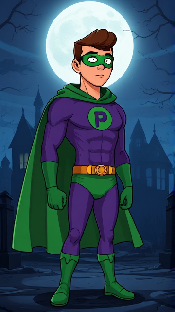 Dramatic Cartoon scene: A young, Autistic 25-year old boy with light skin and flat, smooth, and slick brown hair with a singular curled bang in the shape of a P sticking out at the front named T.J. Granger, but transformed into a genetically-altered superhero named Powerman, who, despite still being a young adult kid, has an extremely muscular body. He wears a sleek purple bodysuit with a green P symbol on his chest, a golden belt with a circular buckle, green briefs, green boots, green long-cuffed gloves, a really big, toe-length long, ultra-wide green cape wreathed around his neck, and a green eye mask that protects his true identity and also causes his pupils to magically disappear as his eyes glow an eerie white. He also has incredible and invincible superpowers flowing through his veins. In this scene, Powerman is currently standing just outside of a mysterious abandoned mansion at night, ready to begin his investigation.