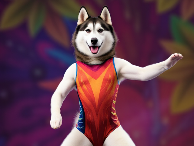 Anthropomorphic Siberian husky in a colorful gymnastics leotard, striking a dynamic pose, vibrant background