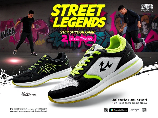 An urban-inspired advertisement featuring ultra-cool sneakers for boys, crafted to dominate both the streets and the trends. The sneakers are designed with bold, striking colors like black, white, and neon green, combined with textured materials such as mesh, suede, and reflective accents that shimmer under bright lighting. The setting captures the thrill of the streets with a dynamic, graffiti-covered wall in the background, glowing city lights, and concrete textures. The sneakers are displayed in motion, paired with action shots of boys skating, running, or casually leaning against a wall, emphasizing versatility and style.

Text elements like 'STREET LEGENDS' and 'STEP UP YOUR GAME' are written in edgy, spray-paint-style fonts with a neon glow effect, while taglines such as 'Unleash Your Hustle' are integrated seamlessly into the design. The background bursts with energy, featuring abstract splashes of neon colors, spray-paint effects, and subtle lighting flares that draw attention to the sneakers. Focus is placed on the shoes' key features: lightweight, comfortable, and designed for everyday adventures, highlighted with close-ups of the sole, stitching, and laces. The composition feels trendy and relatable, creating an instant connection with the audience. A strong call-to-action like 'Be the Trendsetter' or 'Shop the Drop Now!' is placed prominently in bold, glowing text with QR codes or social links for immediate engagement."