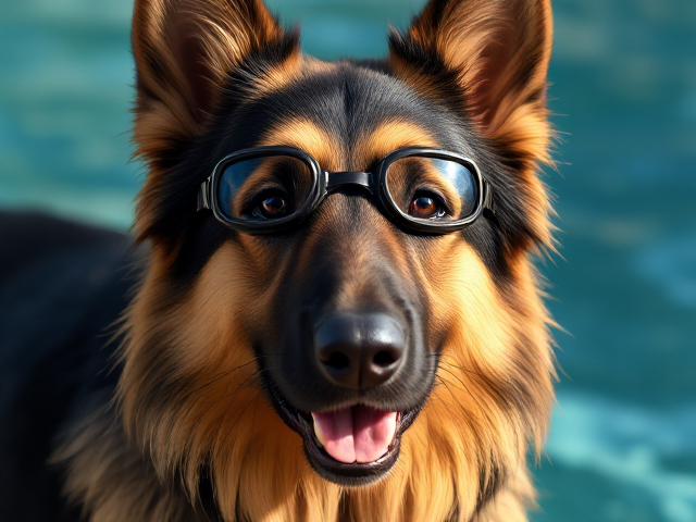 A long haired German shepherd wearing swimming goggles