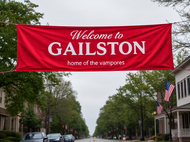 A hometown with a red banner with welcome to Gailston south Carolina home of the vampires written on it in white