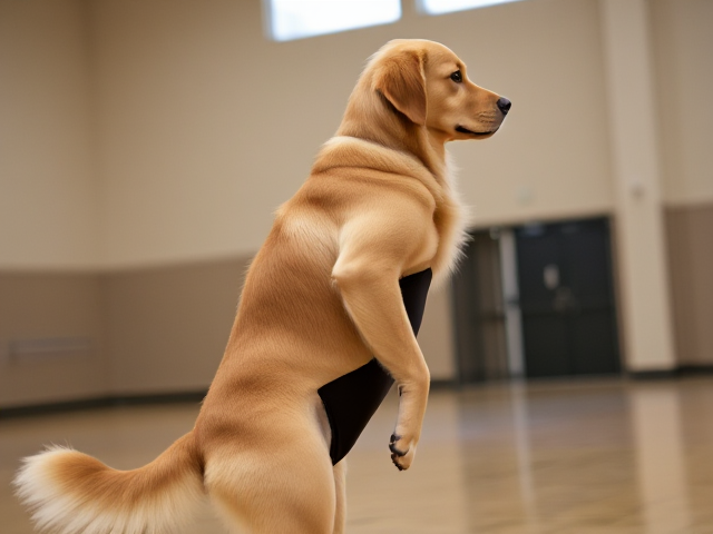 Anthropomorphic golden retriever with strong hips wearing a gymnastics leotard in a gymnasium