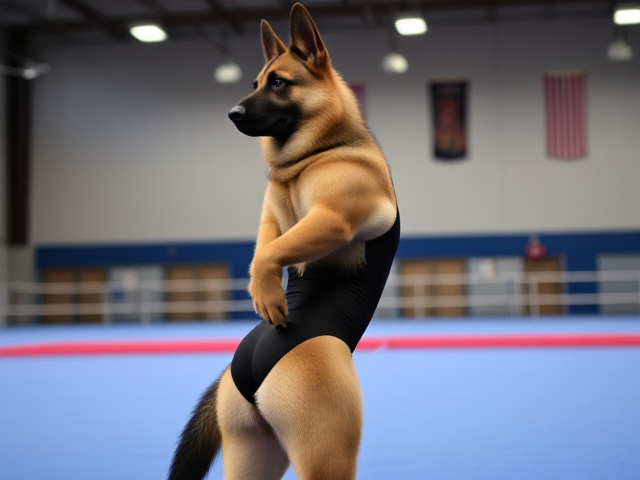 A anthropomorphic German shepherd with strong hips and strong shoulders wearing a gymnastics leotard in a gymnastics center