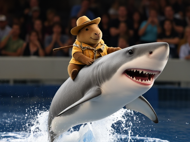 A cute smiling capybara wearing a cowboys outfit riding on the back of a happy great white shark who is jumping out of the water and winking at the audience
