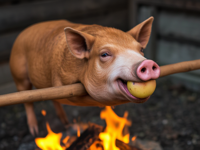 Un cochon qui cuit sur une broche en bois avec un feu en dessous et il a une pomme dans la bouche