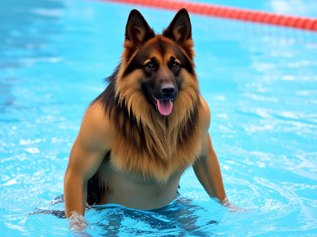 A tall anthropomorphic long haired German shepherd Olympic swimmer with a long torso