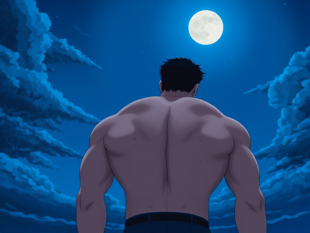 an extremely muscled man. no shirt.