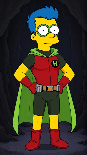 Cartoon scene: Milhouse Van Houten from The Simpsons, with his yellow skin, really big round nose, and blue hair that's slicked back and curled up at the top, but as a tall, 18-year old teenager, dressed as a parodied version of Robin, The Boy Wonder, with an extremely muscular body, wearing a dark green bodysuit with a red torso adorned with a small black circle with a light-green "H" symbol on his left pectoral, a silver utility belt with a red square buckle with silver pouches attached to it that hold all of his unique gadgets, red boots, red long-cuffed gloves, a really big, toe-length long, ultra-wide light-green cape wreathed around his neck held up by an inverted silver triangular button, and a light-green eye mask with optical lenses in it that protects his true identity, now known as Houseboy, The Nerd Wonder, the other half of Springfield's Dynamic Duo, and one of the greatest vigilante superheroes ever known in Springfield. In this scene, Houseboy is currently standing in a dark cavern, searching for a lost citizen that has been kidnapped.