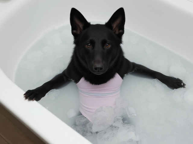 A anthropomorphic black German shepherd wearing a gymnastics leotard submerged in a bathtub full of ice