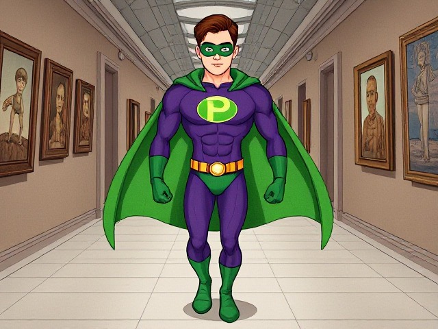 Modern Cartoon scene: A young, Autistic 25-year old boy with light skin and flat, smooth, and slick brown hair named T.J. Granger, but transformed into a genetically-altered superhero named Powerman, who, despite still being a young adult kid, has an extremely muscular body. He wears a sleek purple suit with a green P symbol on his chest, a gold belt with a circular buckle, green briefs, green boots, green long-cuffed gloves, a really big, toe-length long, ultra-wide green cape wreathed around his neck, and a green eye mask that protects his true identity. He also has incredible and invincible superpowers flowing through his veins. In this scene, Powerman is currently walking through a museum hallway, investigating the scene of the crime.