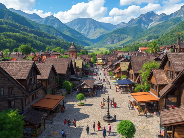 A quaint and vibrant JRPG town sprawling across a serene valley, nestled at the foot of majestic, tropical mountains. The town is a delightful blend of traditional wooden buildings with slanted rooftops, intermingled with a few modern structures made of stone and glass, reflecting a harmonious fusion of the old and new. Cobblestone streets wind through the bustling marketplace, lined with colorful stalls offering an array of goods from fresh produce to intricate weaponry. Playful townspeople, dressed in fantasy-inspired garb, bustle about, sharing laughter and stories. The town square is a hive of activity, with adventurers from various walks of life gathered around a notice board brimming with quests. Bright day