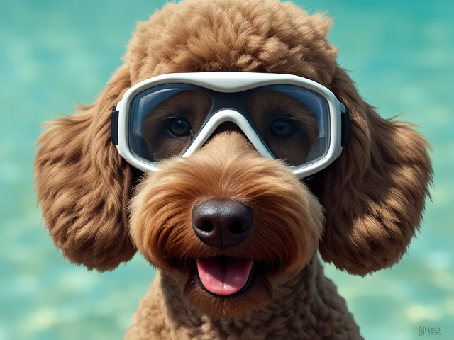 A standard poodle wearing Freediving goggles