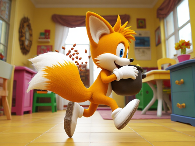A side shot of A young and adorable depiction of a smaller, younger version of Miles "Tails" Prower the two tailed fox wearing gloves and white socks. He is running through a brightly lit, colorful house with playful decorations and furniture, carrying a GIANT pot of baked beans that he totally didn't steal. Beans are splashing out of the pot as Tails mischievously looks behind him to ensure he isn't being chased. His two fluffy tails are flowing behind him dynamically, adding to the sense of motion and excitement in the scene.