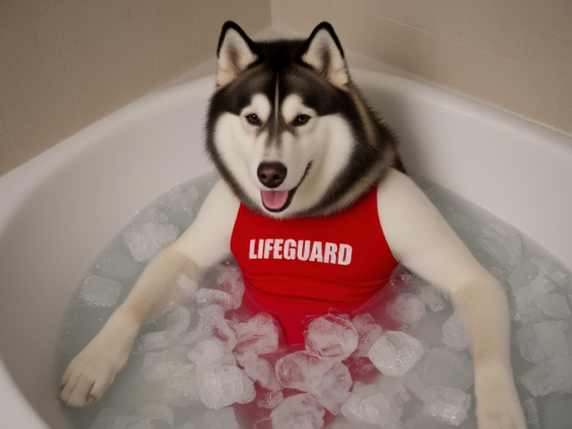 A anthropomorphic alaskan malamute with broad shoulders wearing a red lifeguard one piece swimsuit in a bathtub full of ice