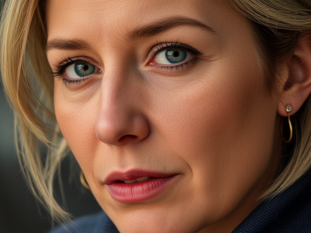 Marine le Pen avec plusieurs piercings, réalisme élevé, détail facial précis, éclairage doux