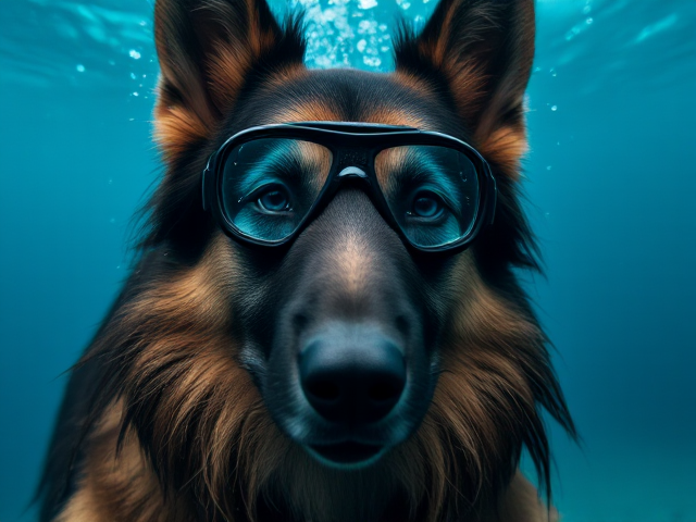Anthropomorphic German shepherd with long hair, wearing freediving goggles, face tinted blue from holding breath too long, underwater setting, detailed fur and expression