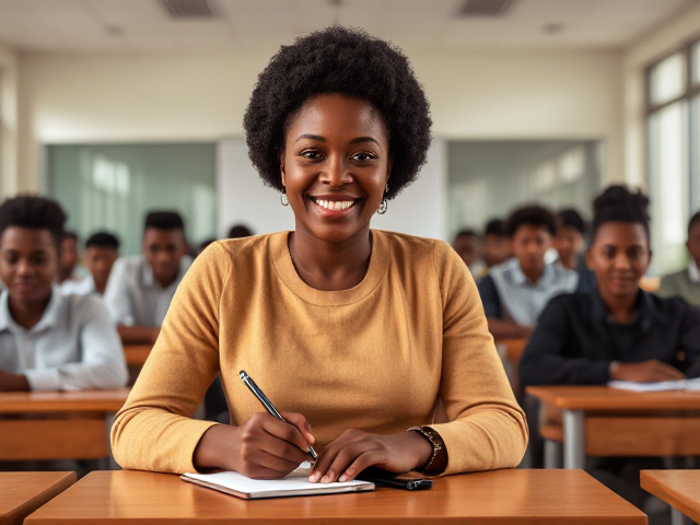 Un institutrice africaine dans une salle de classe moderne et lumineuse écrivant au tableau , avec des élèves noirs assis à leurs bureaux, souriant et attentifs