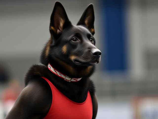 A anthropomorphic black German shepherd Olympic gymnast wearing a leotard