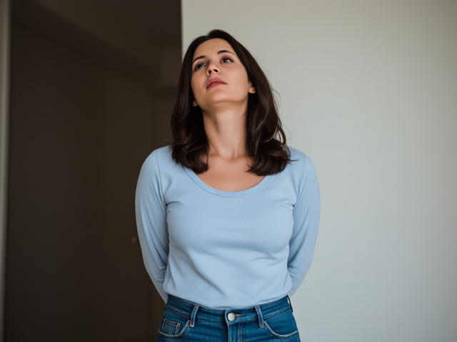 Brunette actress with dark brown hair wearing a light blue long sleeve top and  blue jeans on her knees. She is looking up at some man and she is desperately crying for herself . Her hands are behind her back unable to move