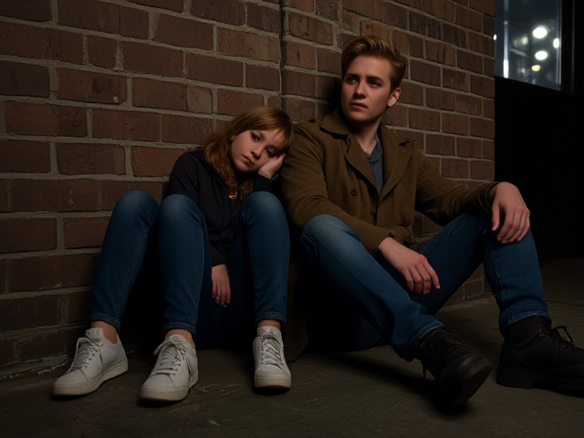 a petite, 13-year-old girl with strawberry blonde hair, wearing jeans and a hooded pullover, sits slumped with her back against a brick wall, feet forward, legs outstretched. Next to her sits a modern-day male vampire, 28 years old, with pale skin and blonde hair, dressed in jeans and a brown trenchcoat. The vampire is slumped against the wall as well, feet forwards, legs outstretched. The girl has a forlorn look and rests her head on the vampire's shoulder. Set at night in an abandoned warehouse, in a holding room with no windows. The vampire is roughed up from a fight. Both have their backs against the wall. 
The vampire looks straight ahead, worried.. they're in a locked room. Seen through a window in the door. Both have their egs outstretched, feet forward, flat on the ground.