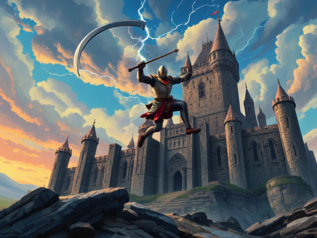 epic painting of a knight jumping in the air with a scythe made of lightning in front of a putrid decayed crumbling castle