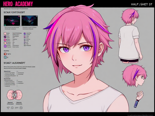 My hero academia oc ref sheet. Neon pink hair with purple strip. Half body view