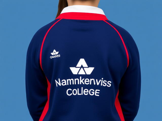 a teen girl wearing a school rugby jumper in the colours blue red and white. The white logo in front should read Nankervis College and on the back in white it says grade 6 class of 2025