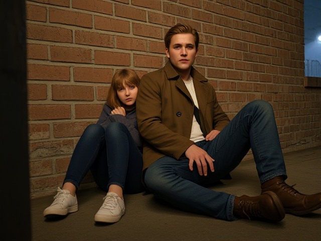 a petite, 13-year-old girl with strawberry blonde hair, wearing jeans and a hooded pullover, sits slumped with her back against a brick wall, feet forward, legs outstretched. Next to her sits a modern-day male vampire, 28 years old, with pale skin and blonde hair, dressed in jeans and a brown trenchcoat. The vampire is slumped against the wall as well, feet forwards, legs outstretched. The girl has a forlorn look and rests her head on the vampire's shoulder. Set at night in an abandoned warehouse, in a holding room with no windows. The vampire is roughed up from a fight. Both have their backs against the wall. 
The vampire looks straight ahead, worried.. they're in a locked room. Seen through a window in the door. Both have their egs outstretched, feet forward, flat on the ground.