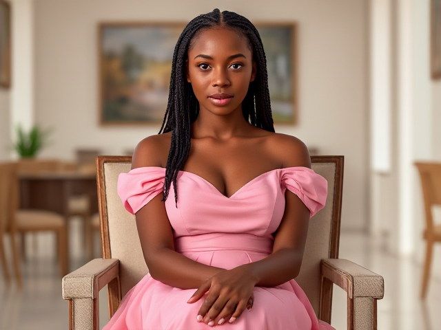 jeune femme noire de 19 ans avec des tresses, portant une élégante robe rose, assise gracieusement sur une chaise dans un environnement lumineux et détaillé