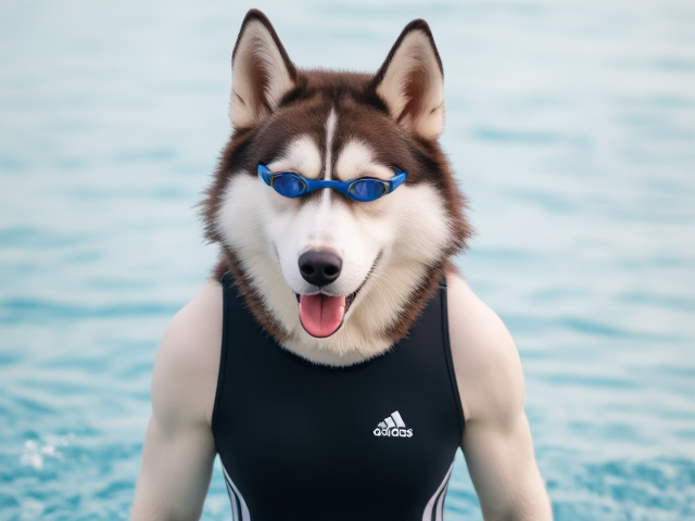 A anthropomorphic Siberian husky wearing an adidas swimsuit and swimming goggles