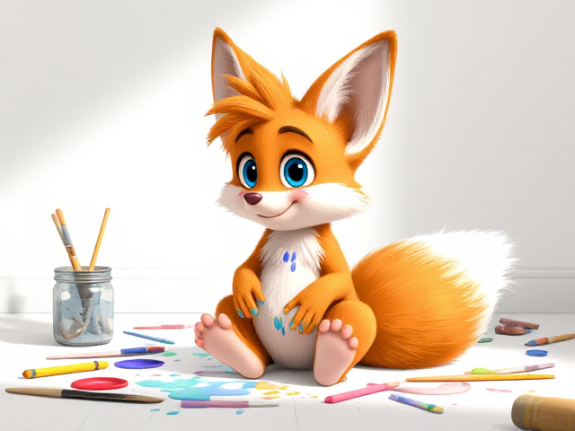 A very cute and young depiction of Miles "Tails" Prower, the Two-Tailed fox, with fluffy fur and a vibrant orange coat, sitting on his butt in a blank white room. Around him are various paint and painting utensils scattered as he playfully attempts to make art with his hands. Tails has different colors of paint splattered over his fur, with colorful smudges on his cheeks and paws. His big blue eyes are filled with joy and excitement as he creates his masterpiece. The room has a soft shadow effect to give depth to the scene