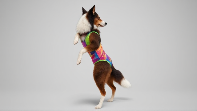 Rough collie anthropomorphic, standing on two legs, wearing a colorful leotard, detailed fur texture, bright lighting, realistic proportions