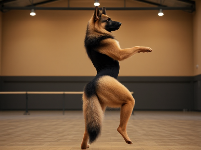 A anthropomorphic long haired German shepherd with large hips doing a back bridge wearing a gymnastics leotard in a gymnasium